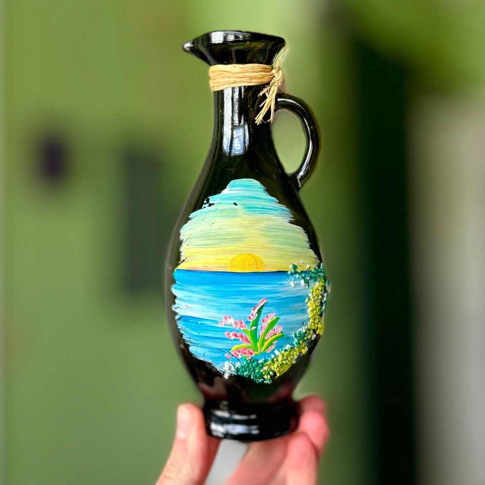 VTG Island Nautical Painted + Textured Glass Bottle Vase With Handle